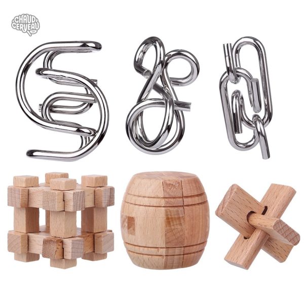 Coffret en bois et métal, 6 pièces de casse-tête